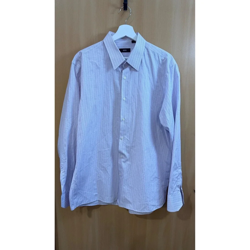 Hugo Boss Mens Purple White Micro Check Button Down Shirt 17.5 34/35 Long Sleeve